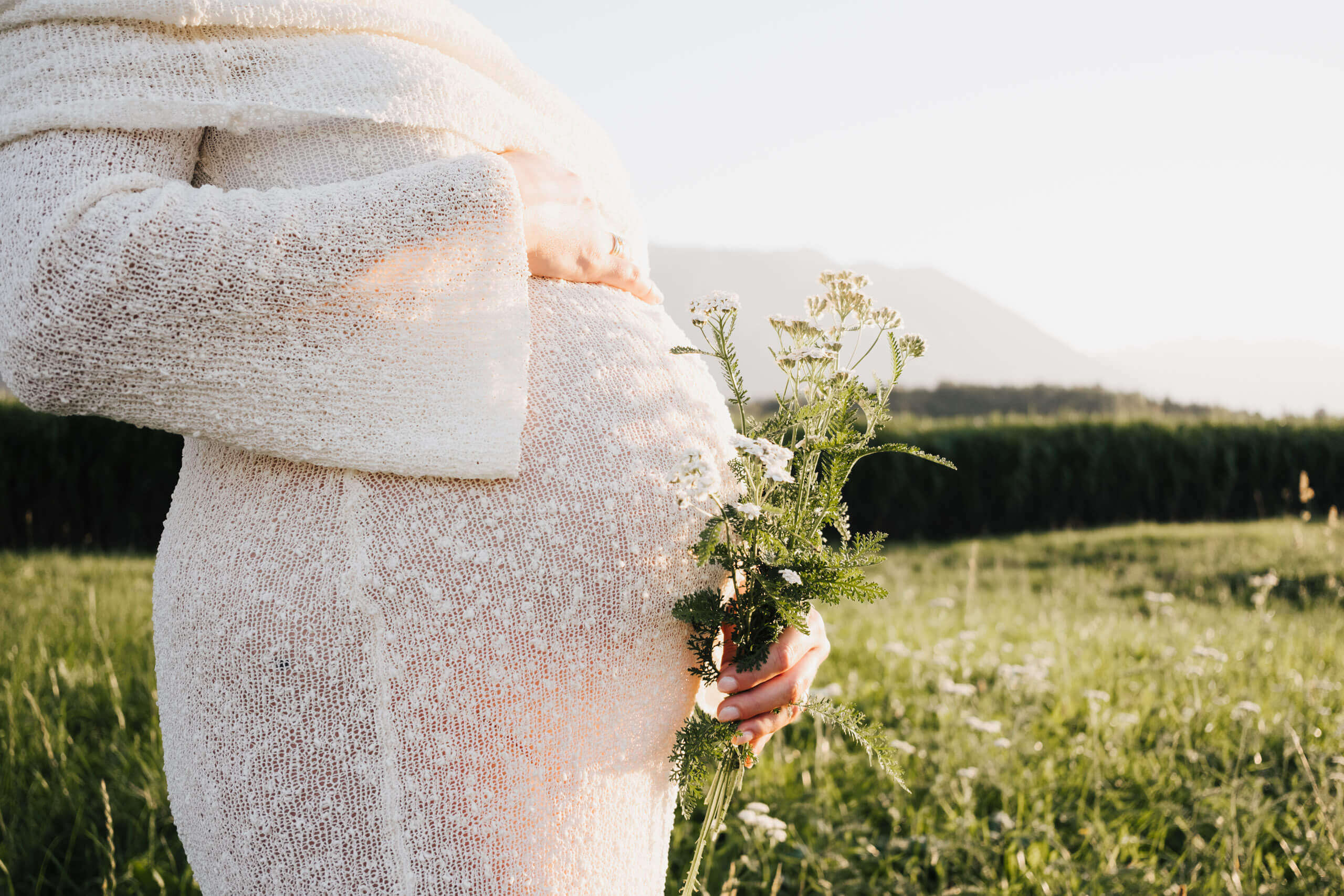 Schwangerenbauch mit Blumen im Sonnenlicht, Babybauchshooting