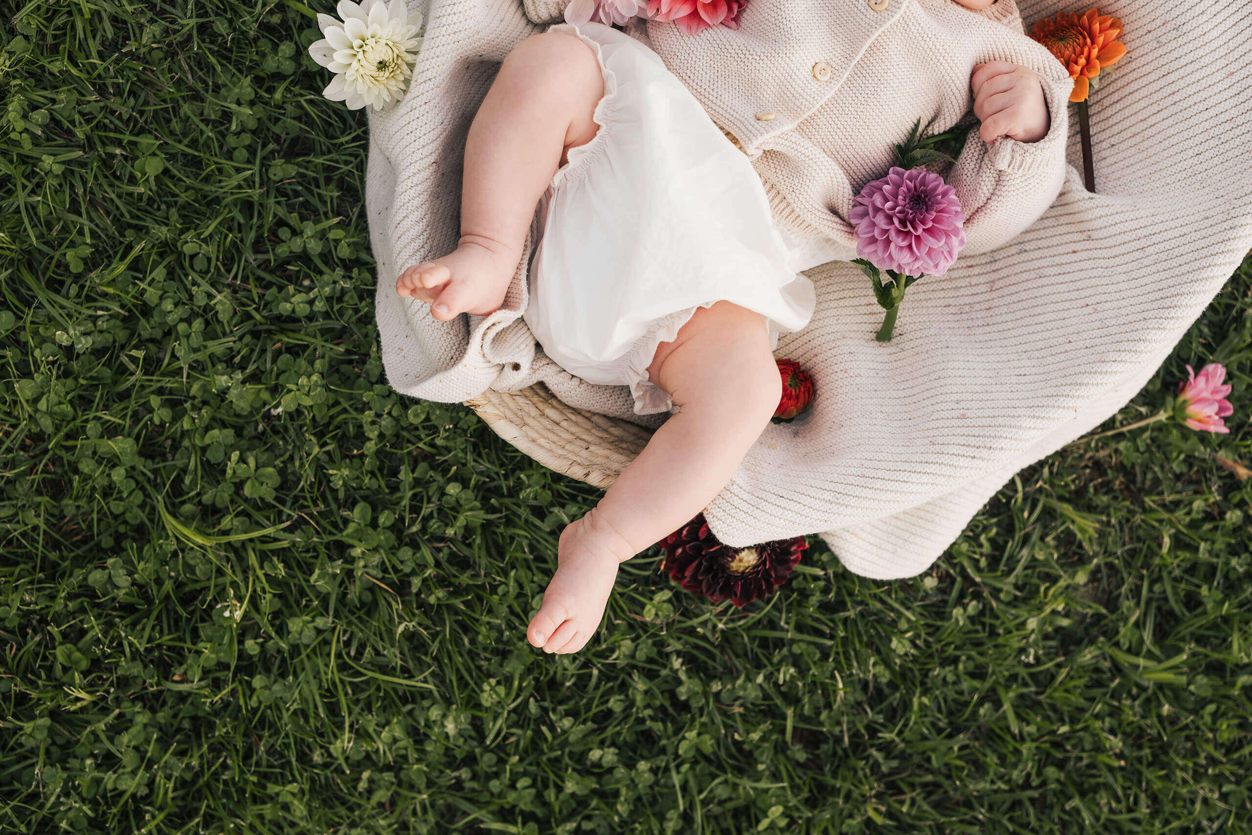 Babyfüße und Blumen auf einer Decke im Gras, Newbornfotos
